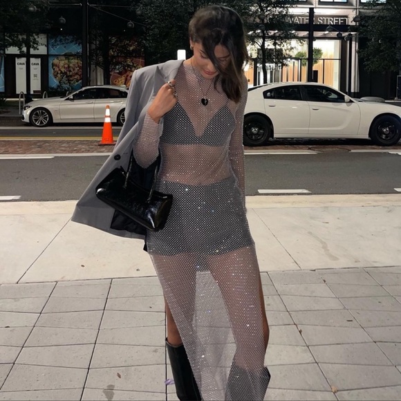 ZARA BLOGGERS FAV RHINESTONES MESH DRESS SILVER - Picture 7 of 14